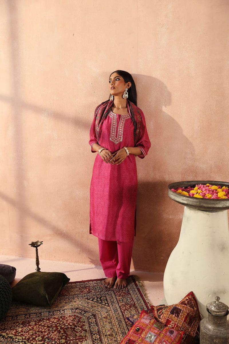 Dark Pink Chanderi Kurta set (With Pant & Dupatta)