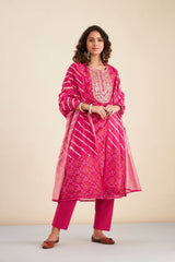 Glooming Pink Bandhani Printed Chanderi Suit Set (with Pants and Dupatta)