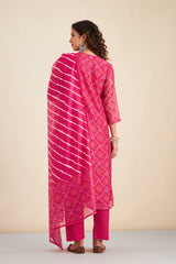 Glooming Pink Bandhani Printed Chanderi Suit Set (with Pants and Dupatta)