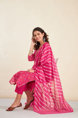 Glooming Pink Bandhani Printed Chanderi Suit Set (with Pants and Dupatta)