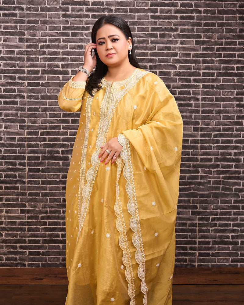 Yellow Chanderi Suit Set (with Pants and Dupatta)