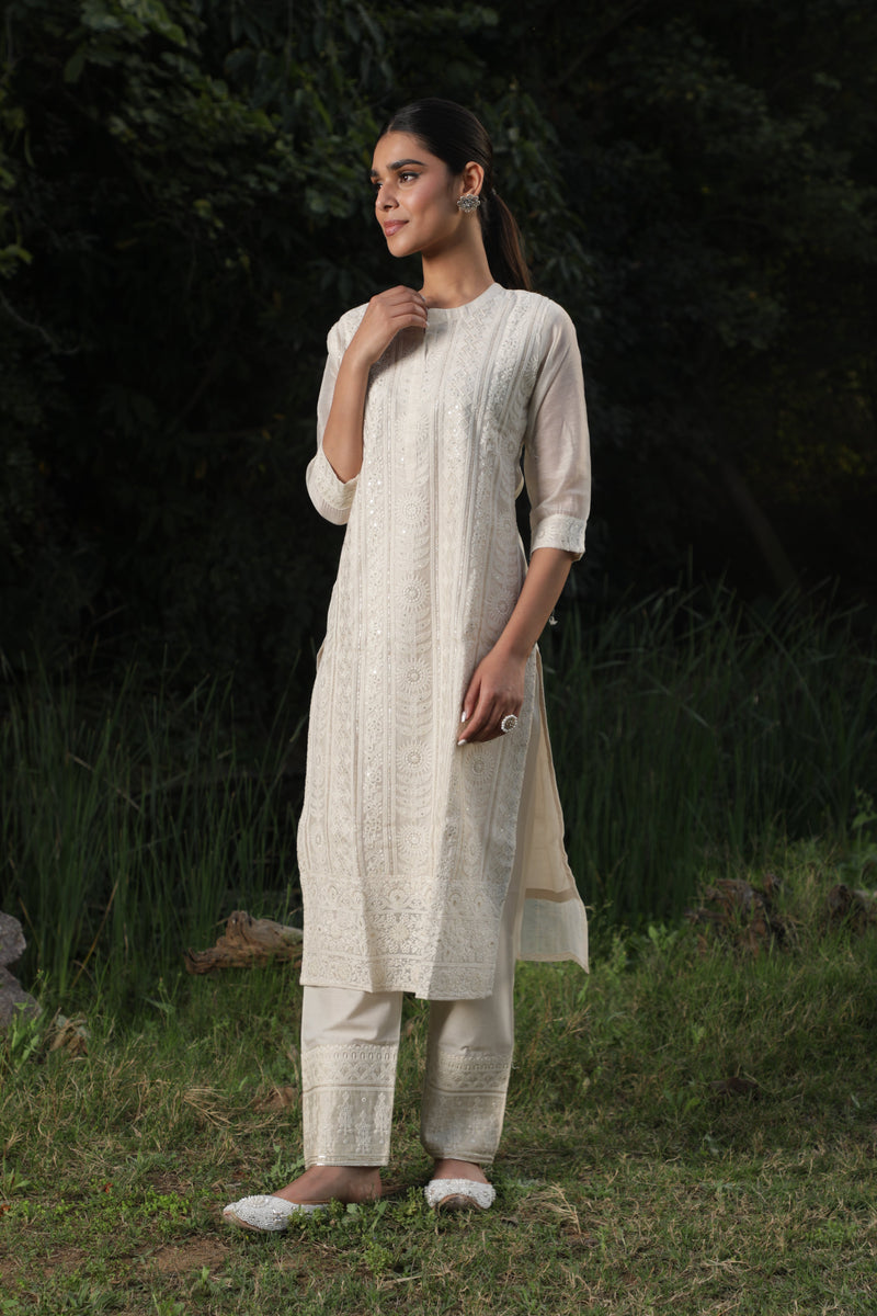 Chikankari Chanderi Suit Set (with embroidered Pants)