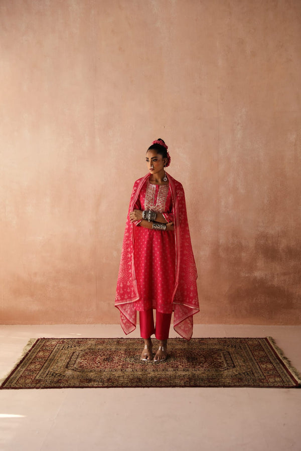 Pink Chanderi Suit Set (With Pants & Dupatta)