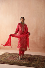 Pink Silk Jacquard Suit Set (With Pants & Dupatta)