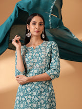 Teal Hand Block Printed Straight fit Cotton Kurta set (With Pants and Dupatta)