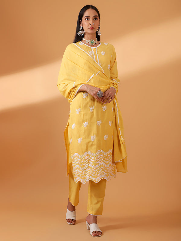 Yellow Hand Block Printed Cotton Suit Set (With Pants and Dupatta)