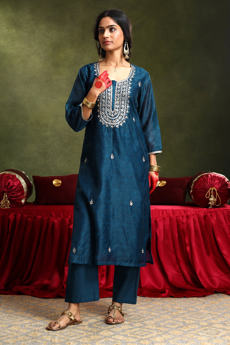 Navy Blue Chanderi Suit Set (with Pants and Dupatta)