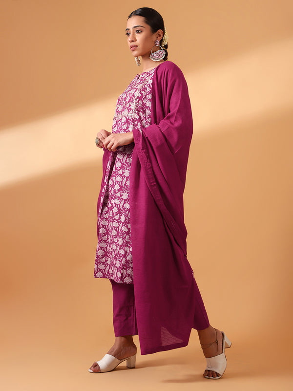 Cherry Hand Block Printed Straight fit Cotton Kurta set (With Pants and Dupatta)