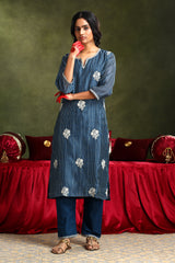 Floral Blue Chanderi Kurta set (With Pant & Dupatta)