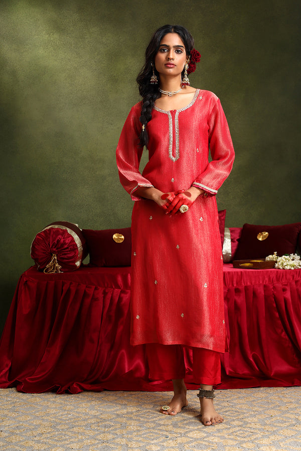 Pure Crushed Tissue Suit Set In Red Color (With Pants And Dupatta)