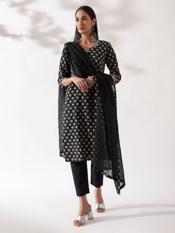 Black Hand Block Printed Cotton Suit Set (With Pants and Dupatta)