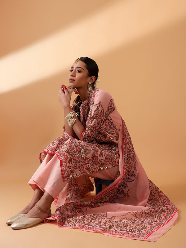 Pink Block Printed Chanderi Suit Set (With Pants and Dupatta)