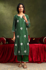 Floral Green Chanderi Kurta set (With Pant & Dupatta)