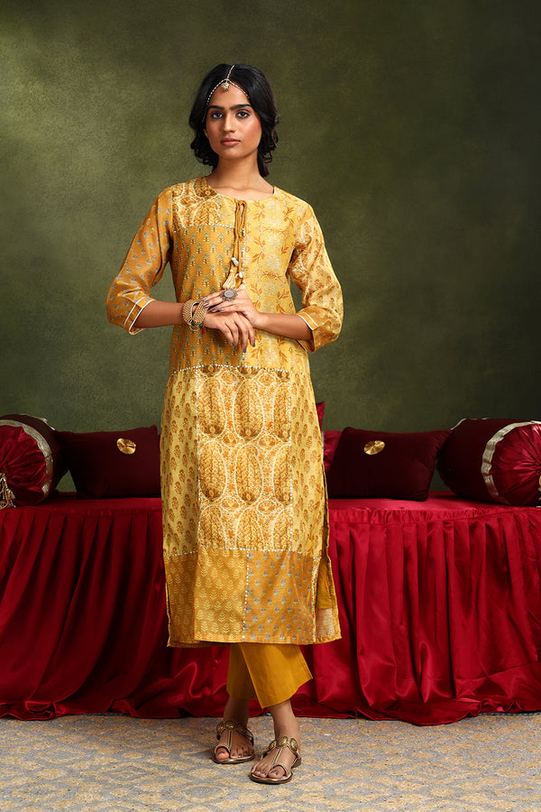 Floral Mustard Chanderi Suit Set (with Pants and Dupatta)