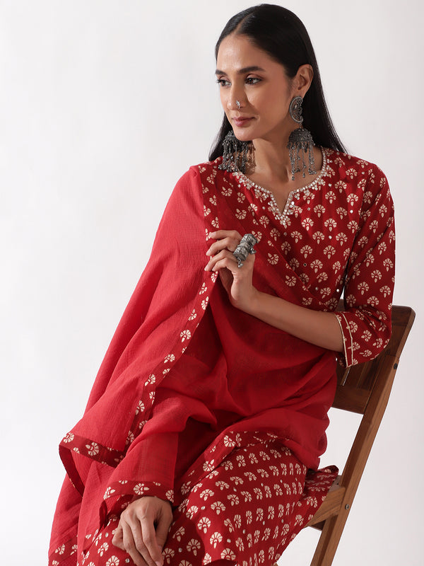 Maroon Hand Block Printed Cotton Suit Set (With Pants and Dupatta)