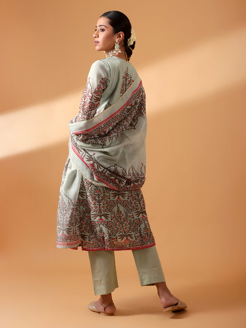 Mint Green Block Printed Chanderi Suit Set (With Pants and Dupatta)