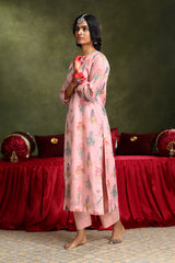 Floral Pink Chanderi Suit Set (with Pants and Dupatta)