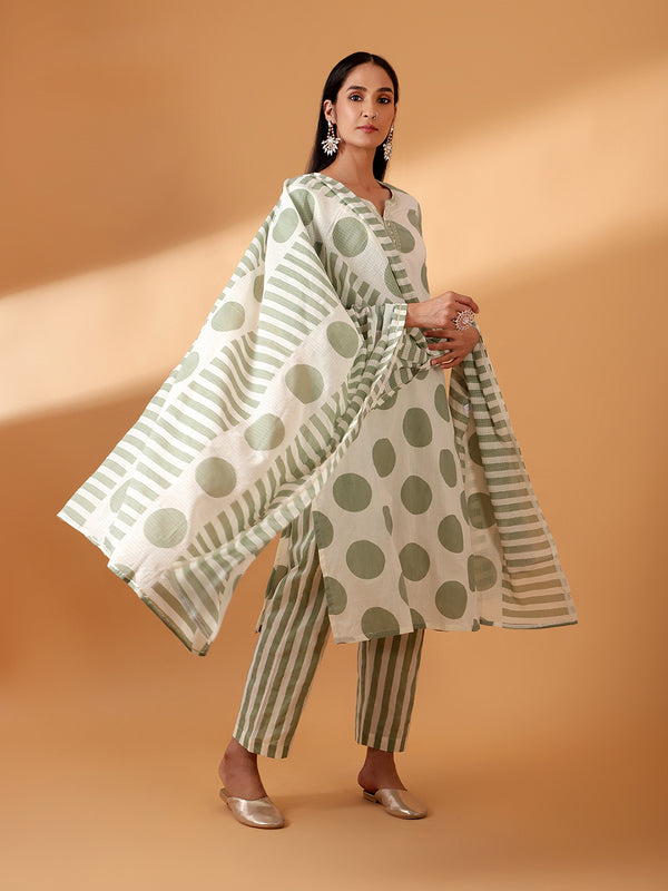 Off White Polka Dot Cotton Suit Set (With Pants and Dupatta)