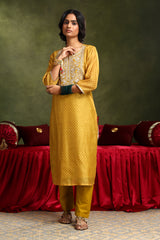 Mustard Chanderi Suit Set (with Pants and Dupatta)