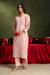 Pastel Pink Chanderi Sraight Fit Suit Set (with Pants and Dupatta)