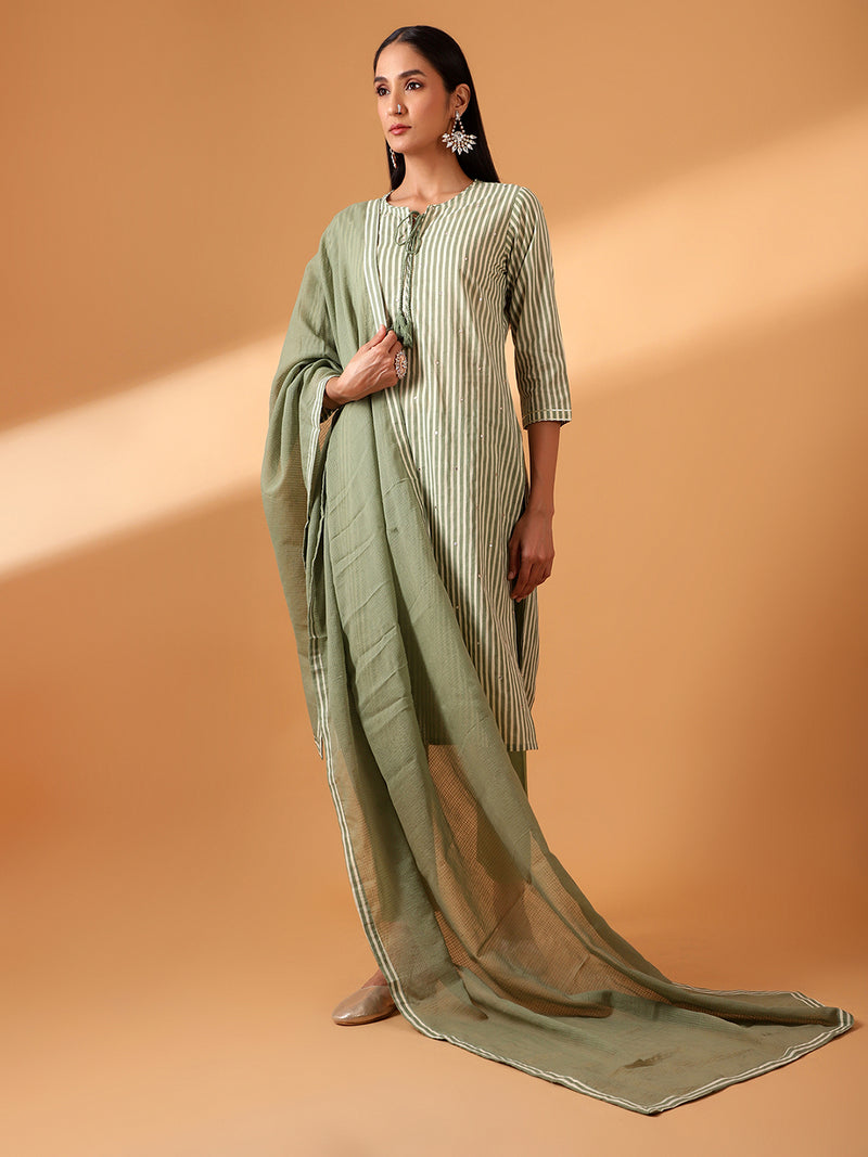 Green Digital Striped Cotton Suit Set (with Pants and Dupatta)