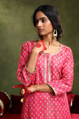 Pink Chanderi Suit Set (with Pants and Dupatta)