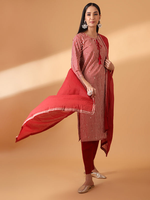 Maroon Digital Striped Cotton Suit Set (with Pants and Dupatta)