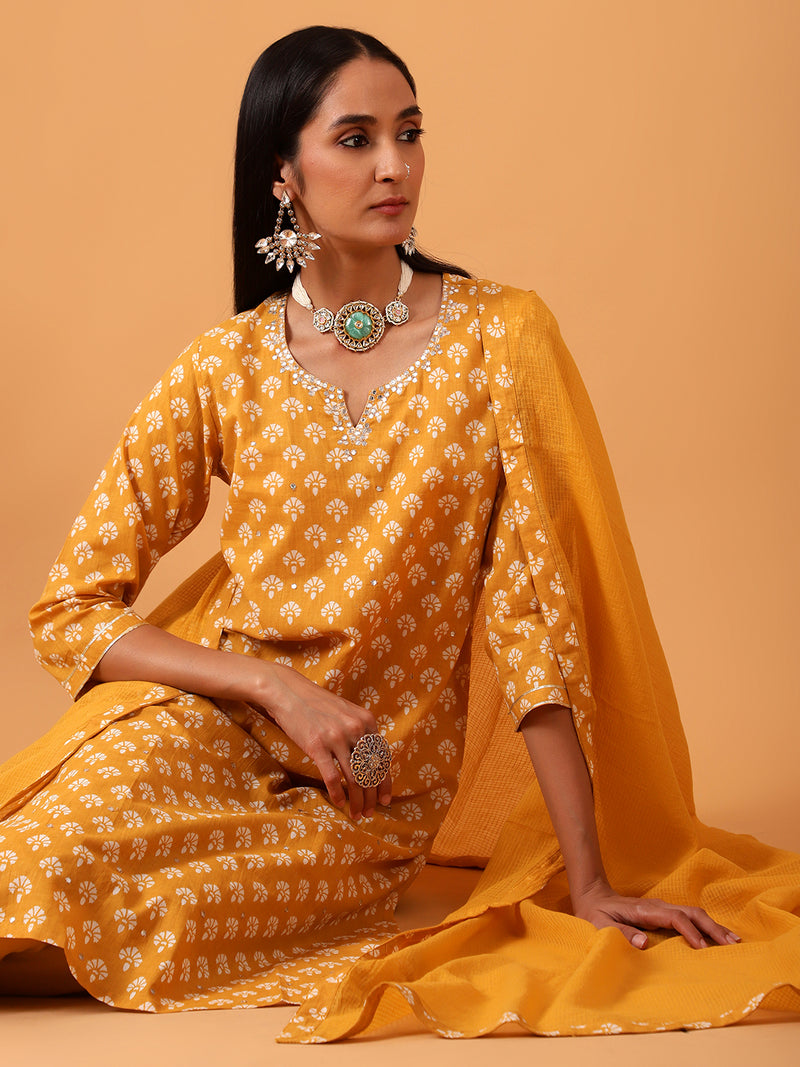 Mustard Hand Block Printed Cotton Suit Set (With Pants and Dupatta)