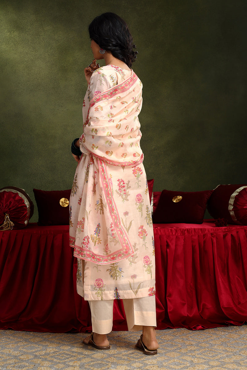 Floral Pista Chanderi Suit Set (with Pants and Dupatta)