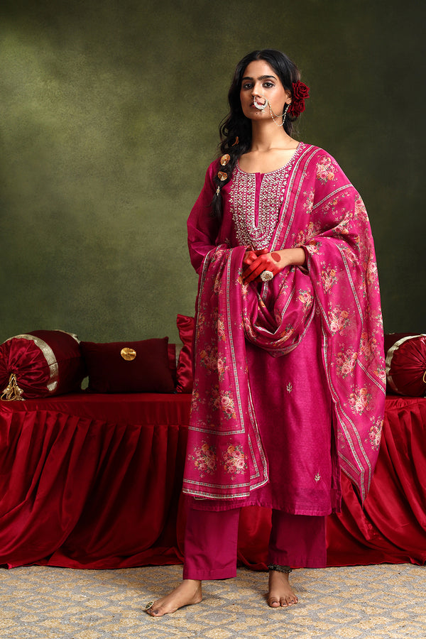 Pink Chanderi Suit Set (with Pants and Dupatta)