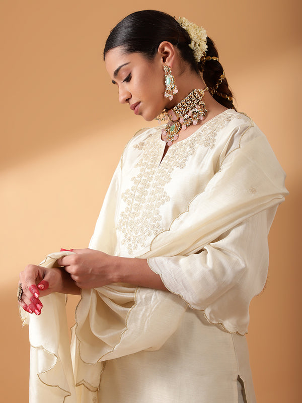 Cream Chanderi Suit Set (With Pants and Dupatta)