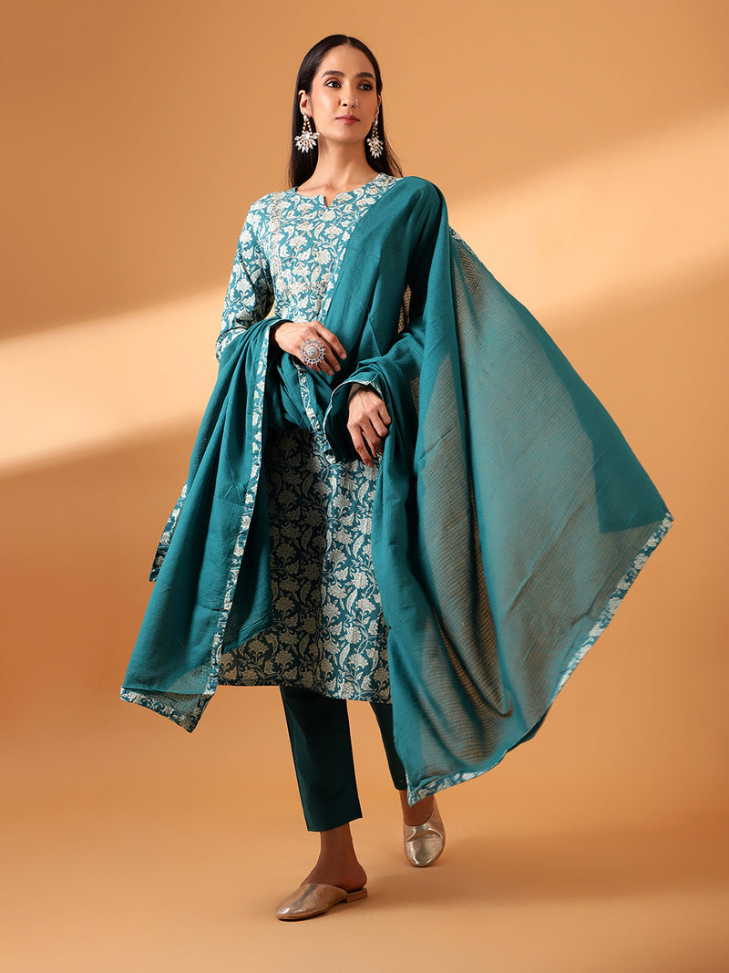 Teal Hand Block Printed Straight fit Cotton Kurta set (With Pants and Dupatta)