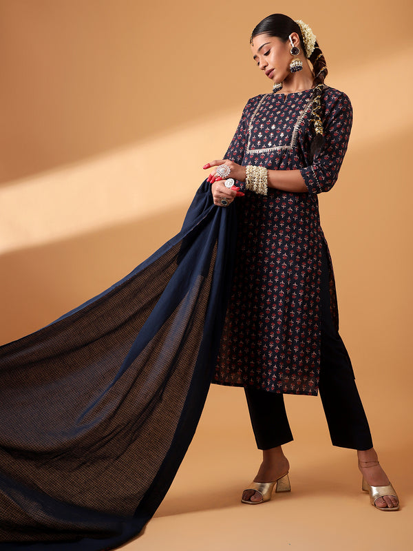 Navy Blue Hand Block Printed Cotton Kurta Set (with Pants and Dupatta)