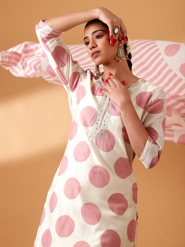 Off White Polka Dot Cotton Suit Set (With Pants and Dupatta)