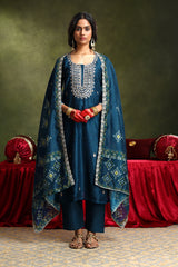 Navy Blue Chanderi Suit Set (with Pants and Dupatta)