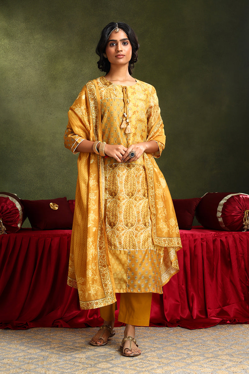 Floral Mustard Chanderi Suit Set (with Pants and Dupatta)