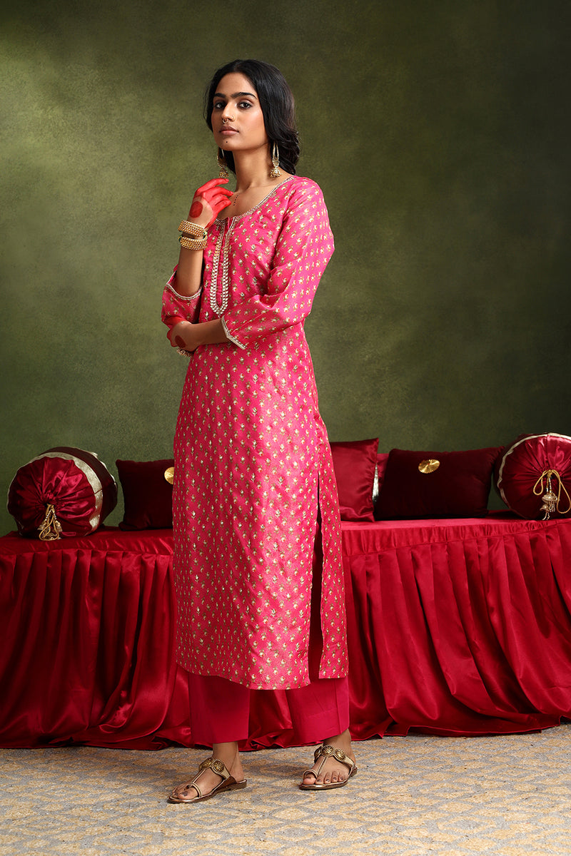 Pink Chanderi Suit Set (with Pants and Dupatta)