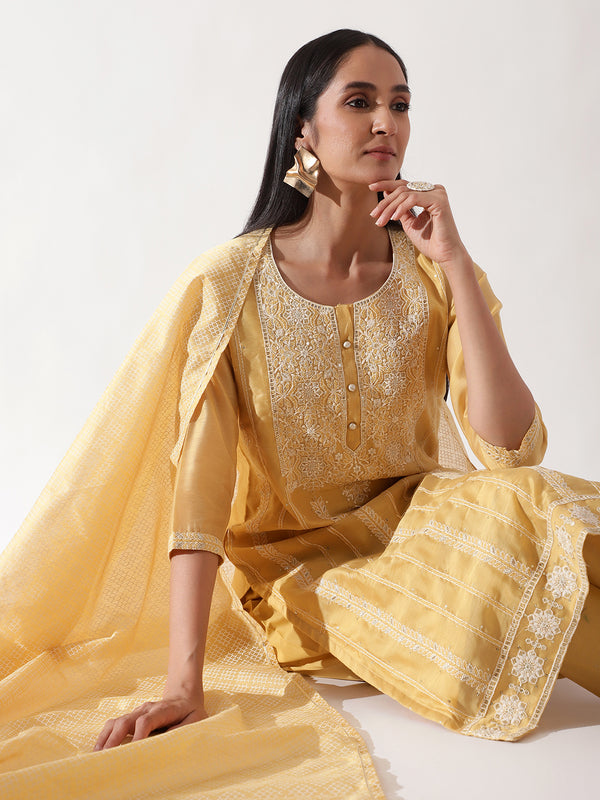 Yellow Gota Patti and Thread Work Chanderi Suit Set (With Pants and Dupatta)