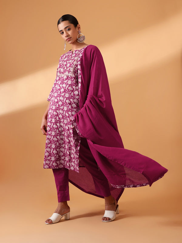 Cherry Hand Block Printed Straight fit Cotton Kurta set (With Pants and Dupatta)