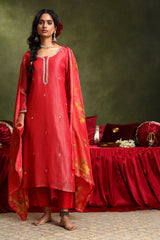 Pure Crushed Tissue Suit Set In Red Color (With Pants And Dupatta)