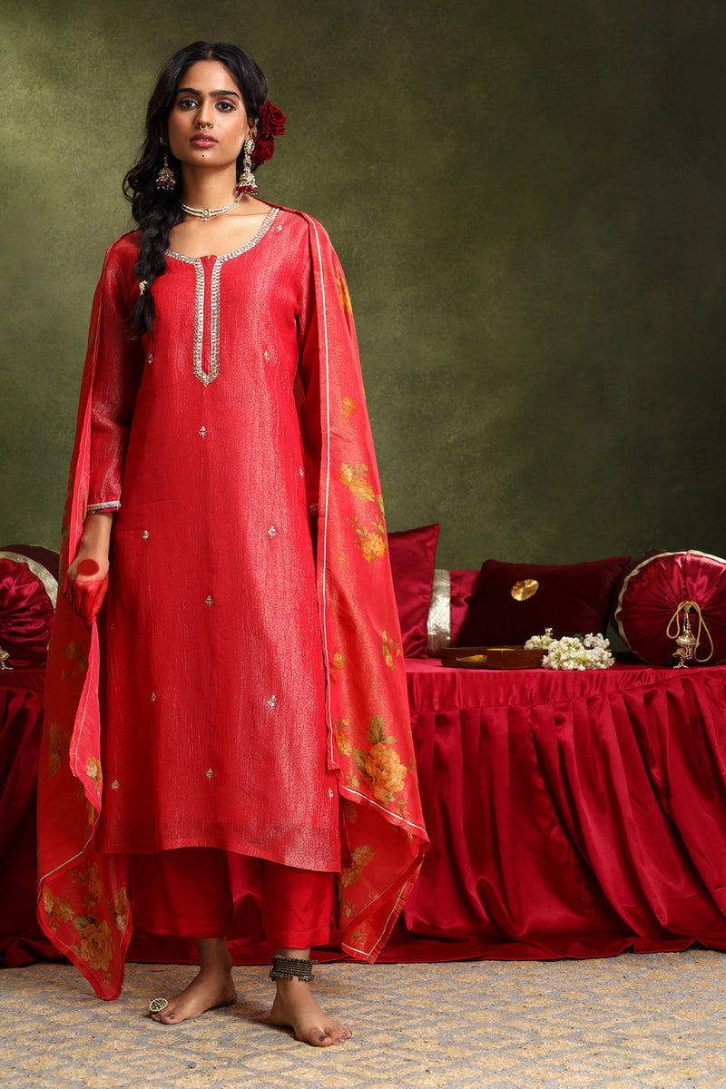 Pure Crushed Tissue Suit Set In Red Color (With Pants And Dupatta)