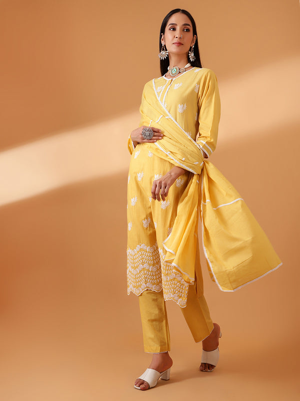 Yellow Hand Block Printed Cotton Suit Set (With Pants and Dupatta)