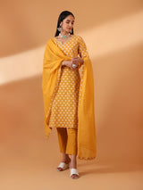 Mustard Hand Block Printed Cotton Suit Set (With Pants and Dupatta)