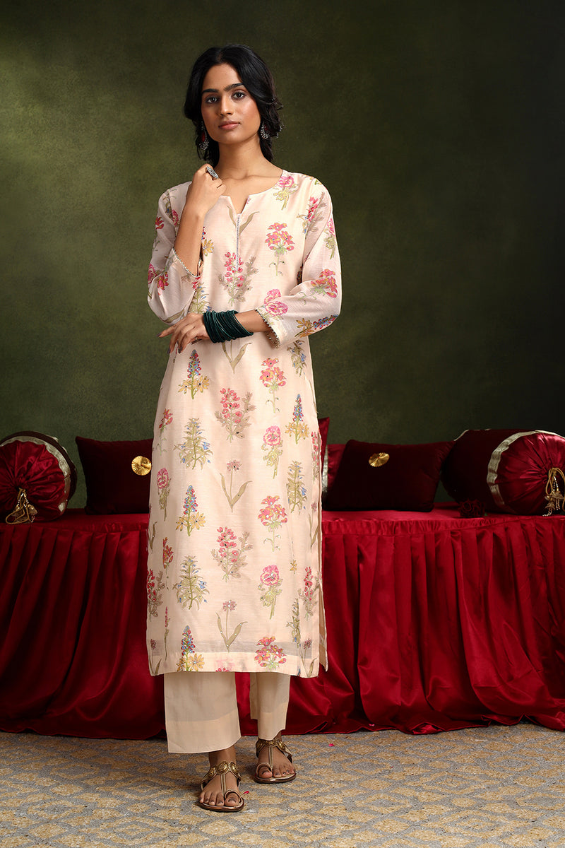 Floral Pista Chanderi Suit Set (with Pants and Dupatta)