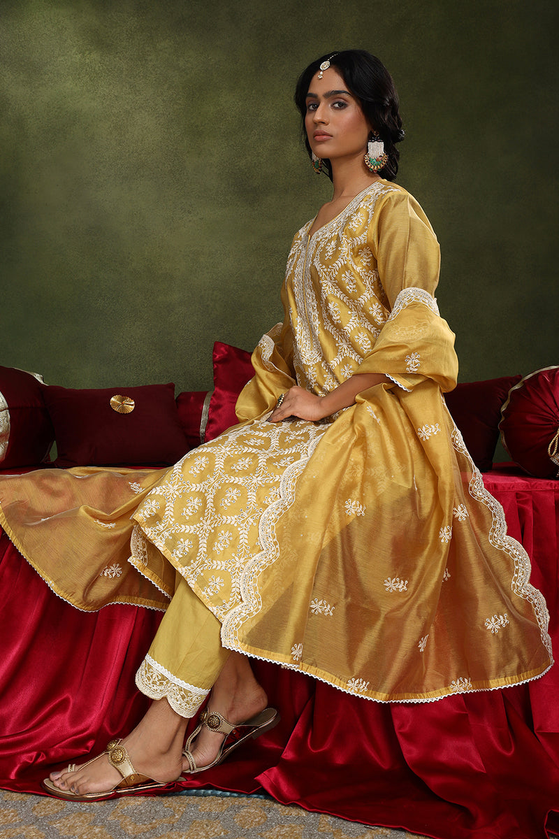 Yellow Chanderi Straight Fit Suit Set (with Pants and Dupatta)