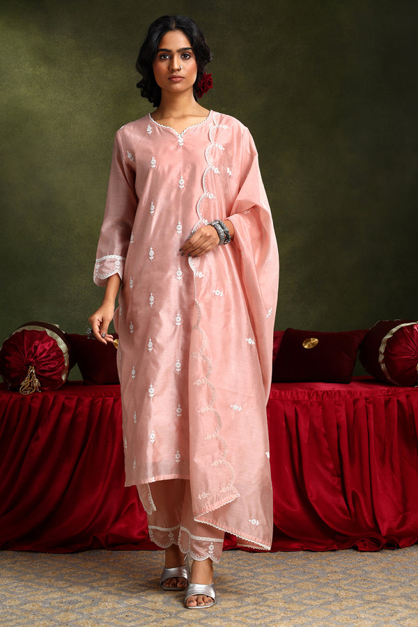 Pastel Pink Chanderi Suit Set (with Pants and Dupatta)