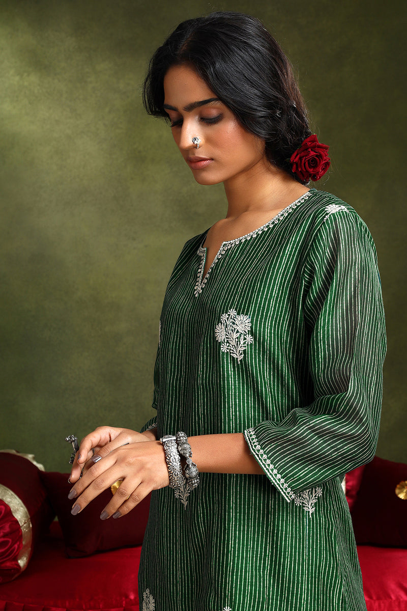 Floral Green Chanderi Kurta set (With Pant & Dupatta)