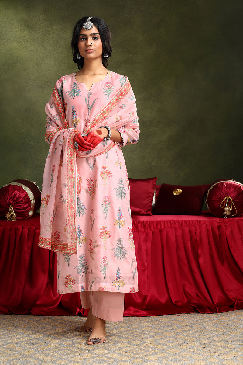 Floral Pink Chanderi Suit Set (with Pants and Dupatta)