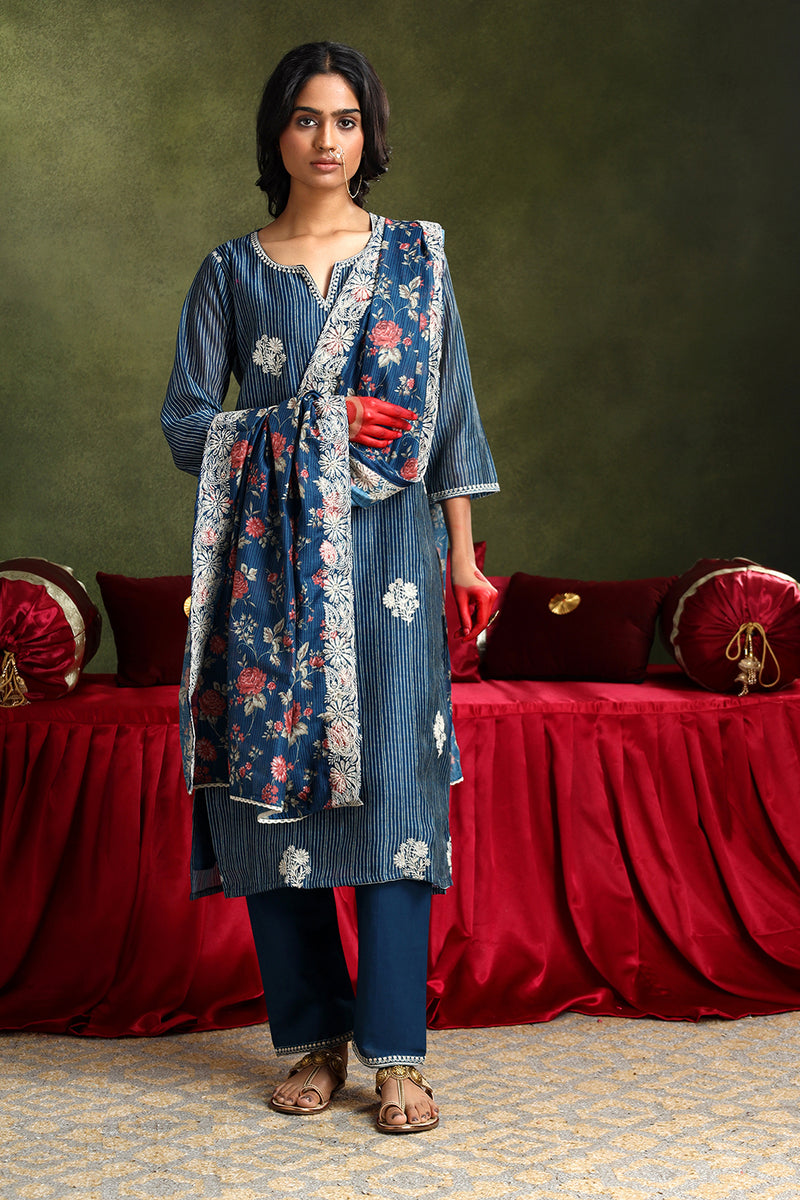 Floral Blue Chanderi Kurta set (With Pant & Dupatta)