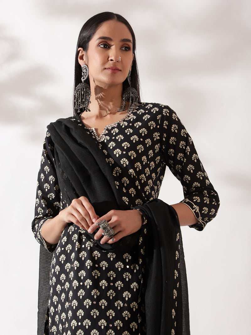 Black Hand Block Printed Cotton Suit Set (With Pants and Dupatta)